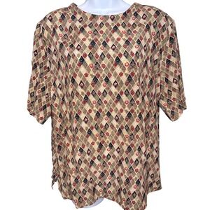 Vintage Quo Silk Womens Brown Argyle 100% Silk Short Slv Blouse Sz L Office Wear